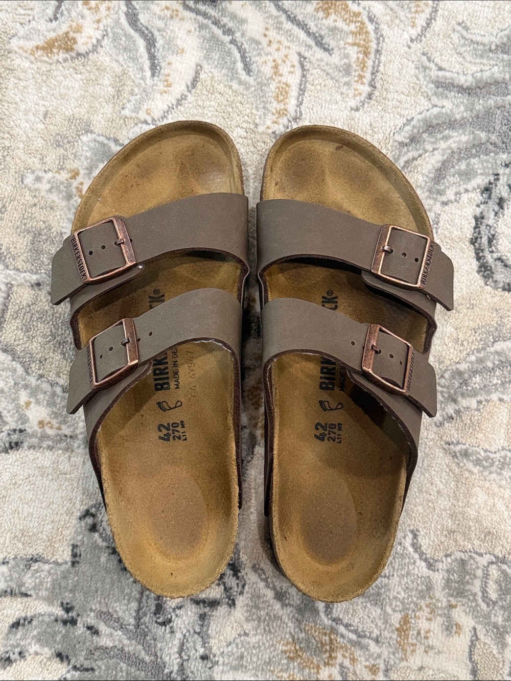 Birkenstock Brown Two-Strap Sandals with Copper Buckles